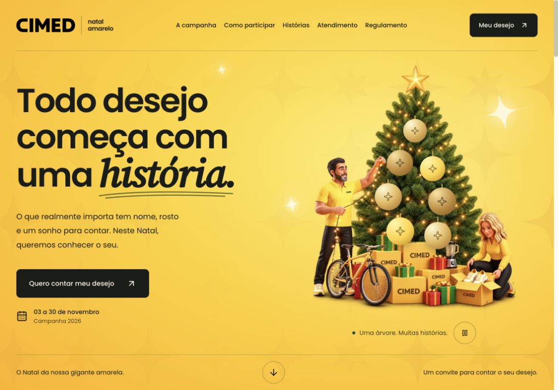 Plataforma de campanha da CIMED para apresentar o Natal Amarelo e orientar colaboradores a participar.